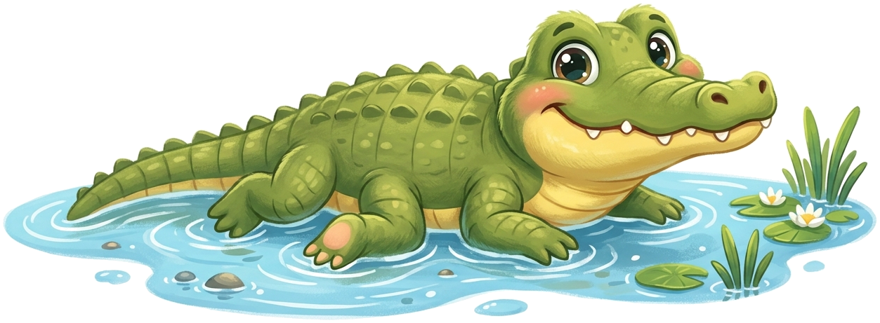 Smiling Green Crocodile resting in water pond framing bottom border