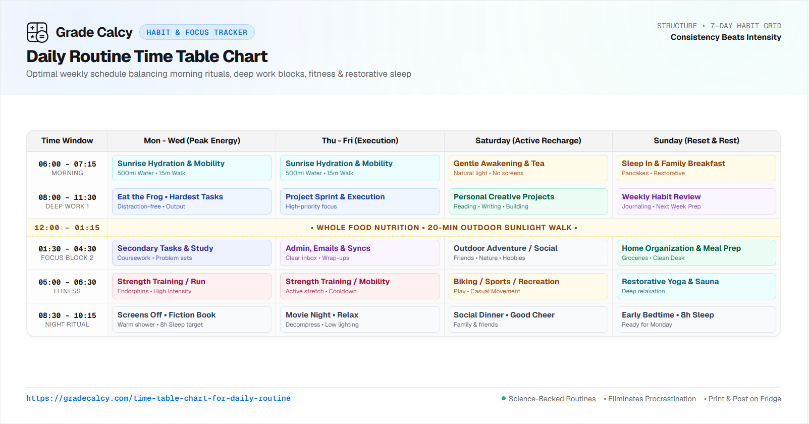Daily routine time table chart template displaying 7-day habit schedule, deep focus blocks, exercise, and sleep hygiene