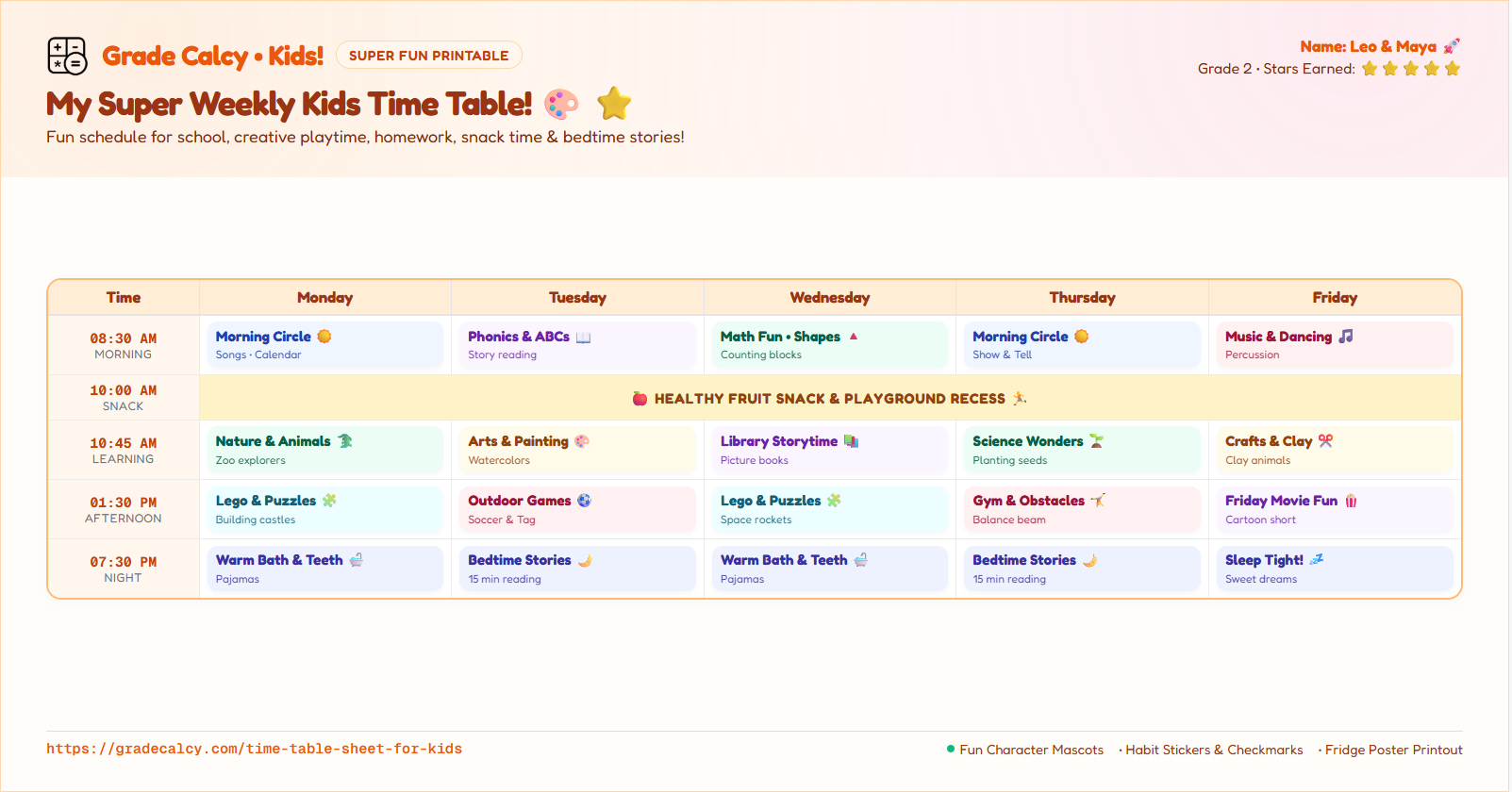 Kids Weekly Time Table Sheet Kids weekly time table chart template displaying colorful school, playtime, snack, and bedtime routines for children