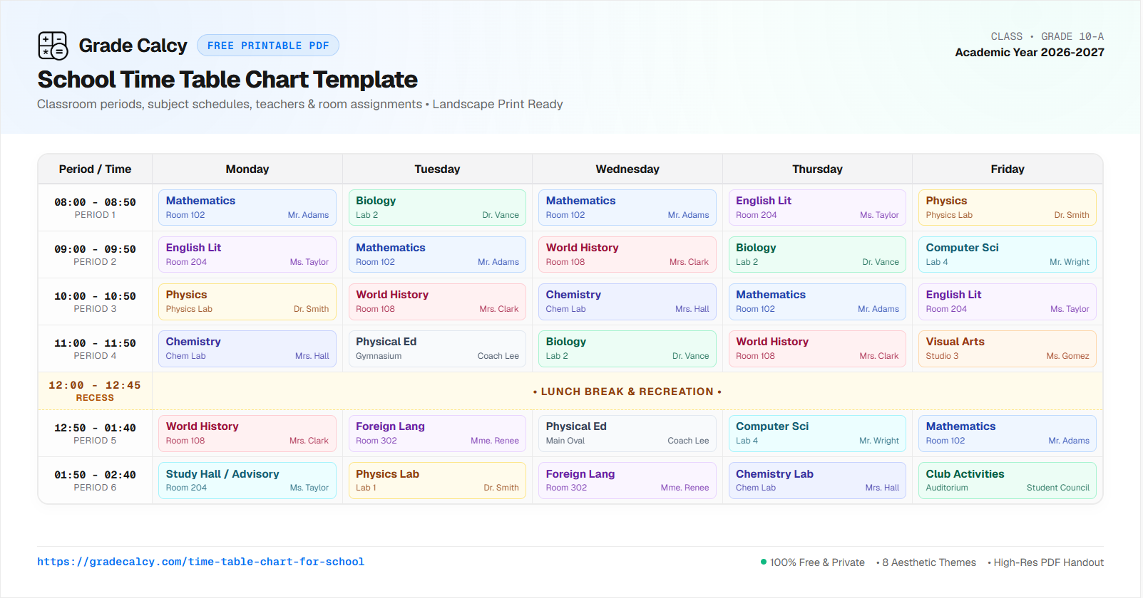 School time table chart template displaying weekly class schedule with periods, subjects, and classroom assignments